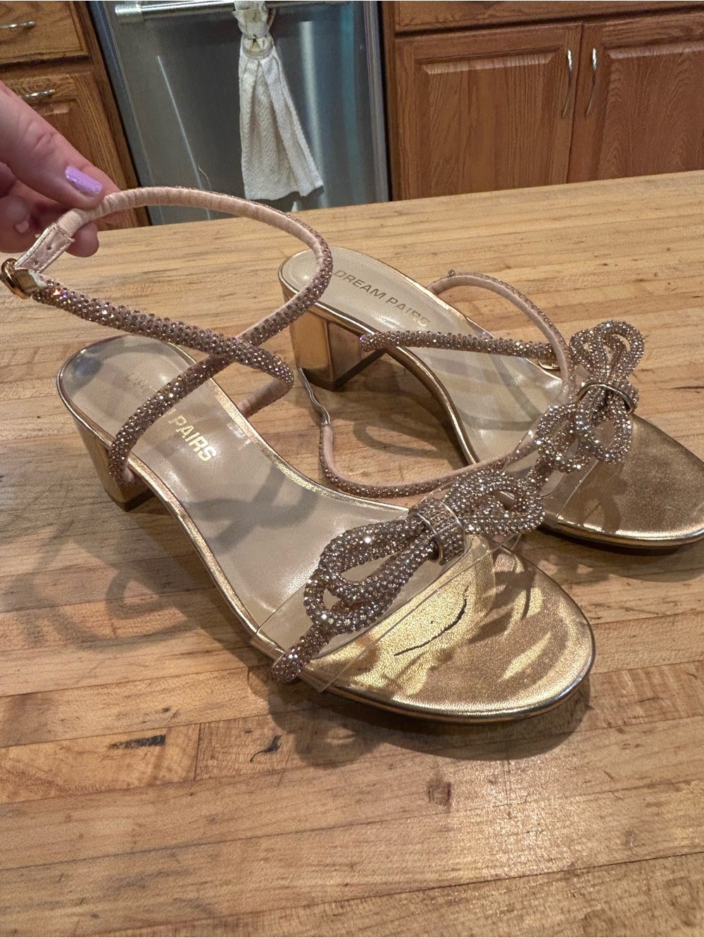 Dream Pairs Metallic Gold Rhinestone Bow Low Block Heel Sandals
